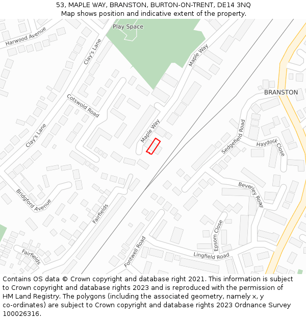 53, MAPLE WAY, BRANSTON, BURTON-ON-TRENT, DE14 3NQ: Location map and indicative extent of plot