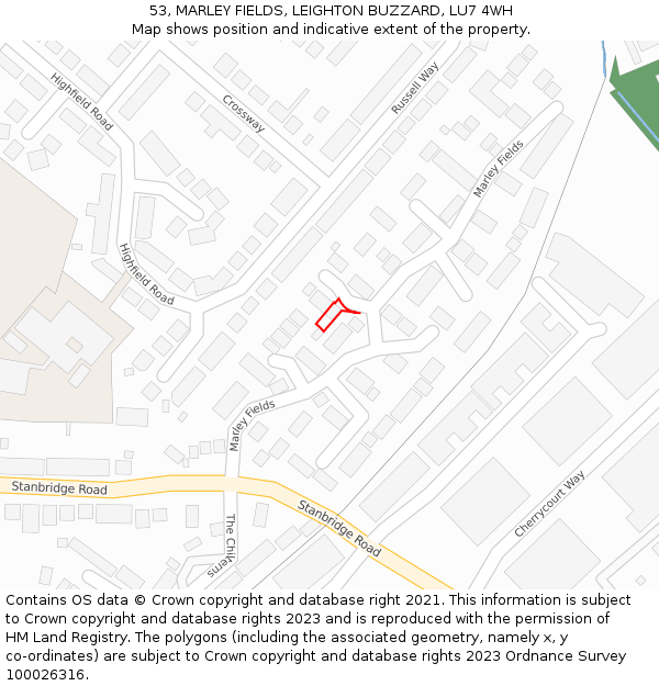 53, MARLEY FIELDS, LEIGHTON BUZZARD, LU7 4WH: Location map and indicative extent of plot