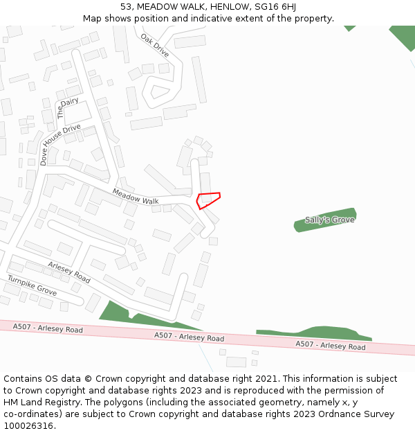 53, MEADOW WALK, HENLOW, SG16 6HJ: Location map and indicative extent of plot