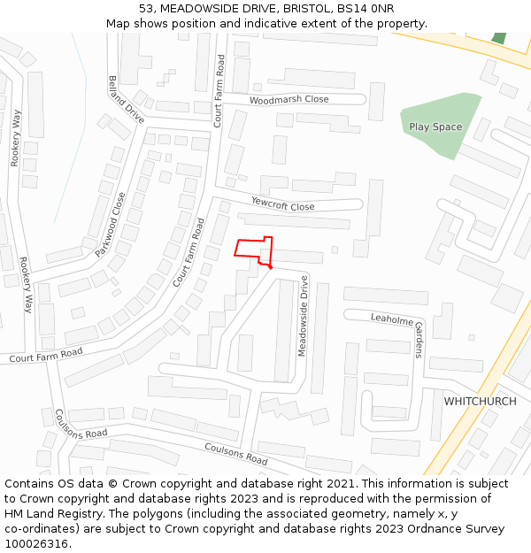 53, MEADOWSIDE DRIVE, BRISTOL, BS14 0NR: Location map and indicative extent of plot