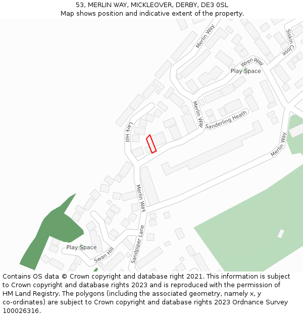 53, MERLIN WAY, MICKLEOVER, DERBY, DE3 0SL: Location map and indicative extent of plot