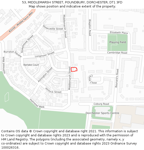53, MIDDLEMARSH STREET, POUNDBURY, DORCHESTER, DT1 3FD: Location map and indicative extent of plot