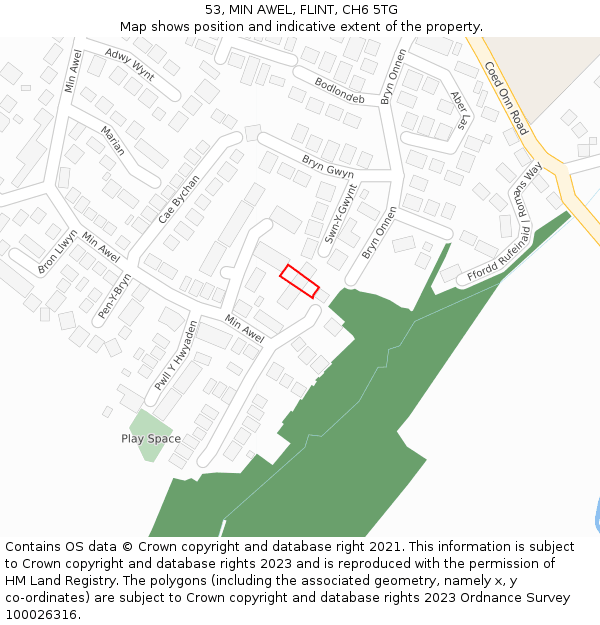 53, MIN AWEL, FLINT, CH6 5TG: Location map and indicative extent of plot