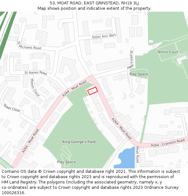 53, MOAT ROAD, EAST GRINSTEAD, RH19 3LJ: Location map and indicative extent of plot