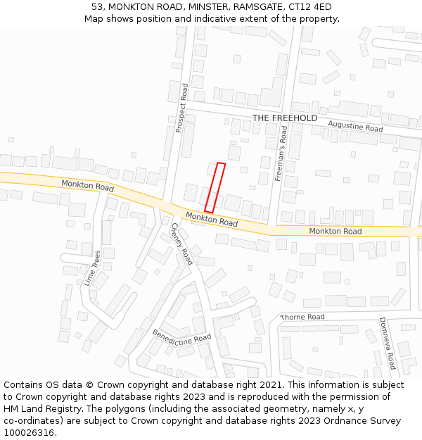 53, MONKTON ROAD, MINSTER, RAMSGATE, CT12 4ED: Location map and indicative extent of plot