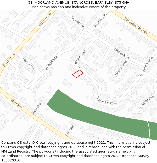 53, MOORLAND AVENUE, STAINCROSS, BARNSLEY, S75 6NH: Location map and indicative extent of plot