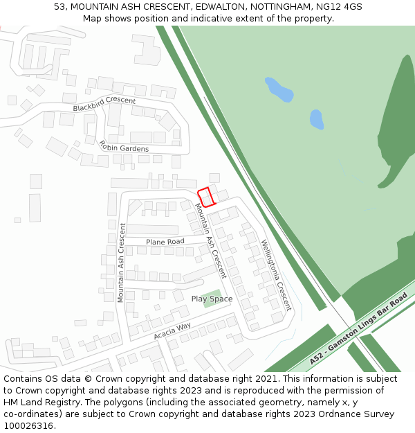 53, MOUNTAIN ASH CRESCENT, EDWALTON, NOTTINGHAM, NG12 4GS: Location map and indicative extent of plot