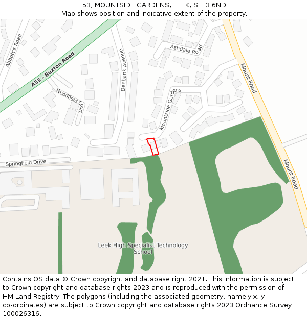 53, MOUNTSIDE GARDENS, LEEK, ST13 6ND: Location map and indicative extent of plot