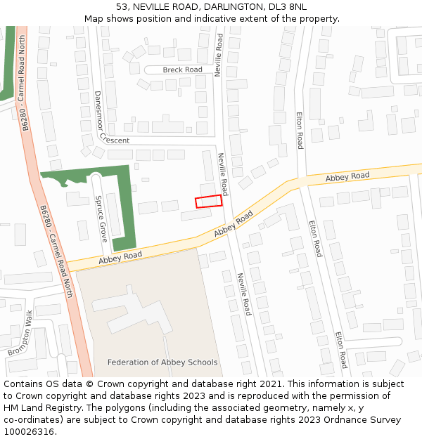 53, NEVILLE ROAD, DARLINGTON, DL3 8NL: Location map and indicative extent of plot