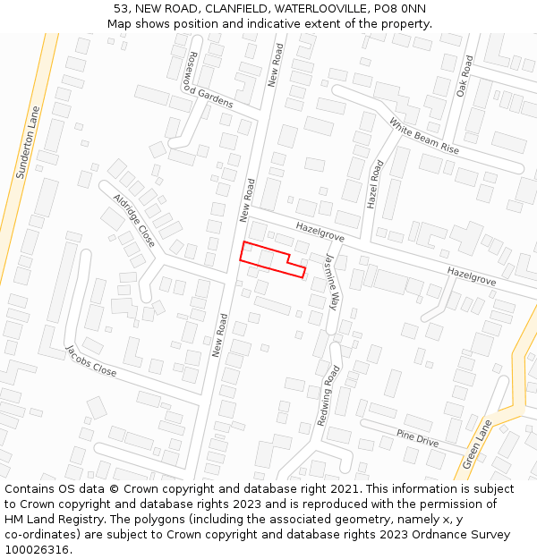 53, NEW ROAD, CLANFIELD, WATERLOOVILLE, PO8 0NN: Location map and indicative extent of plot