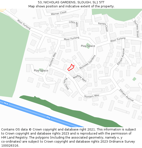 53, NICHOLAS GARDENS, SLOUGH, SL1 5TT: Location map and indicative extent of plot