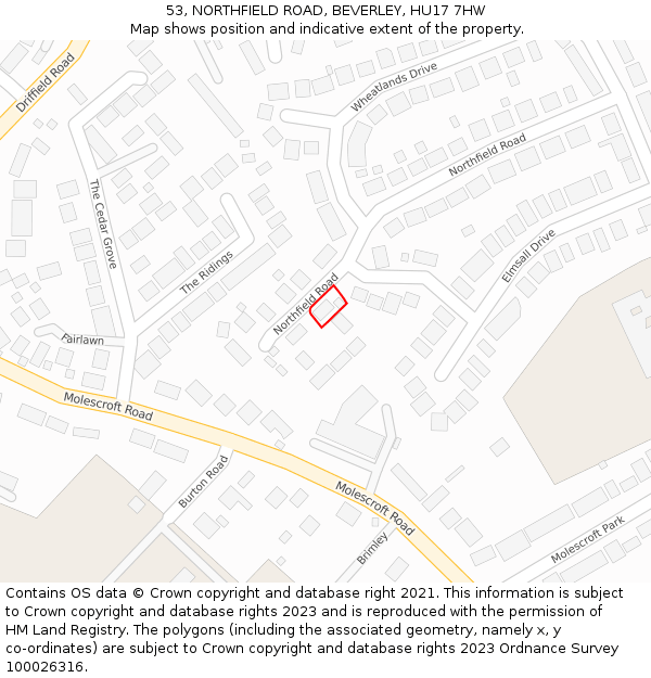 53, NORTHFIELD ROAD, BEVERLEY, HU17 7HW: Location map and indicative extent of plot