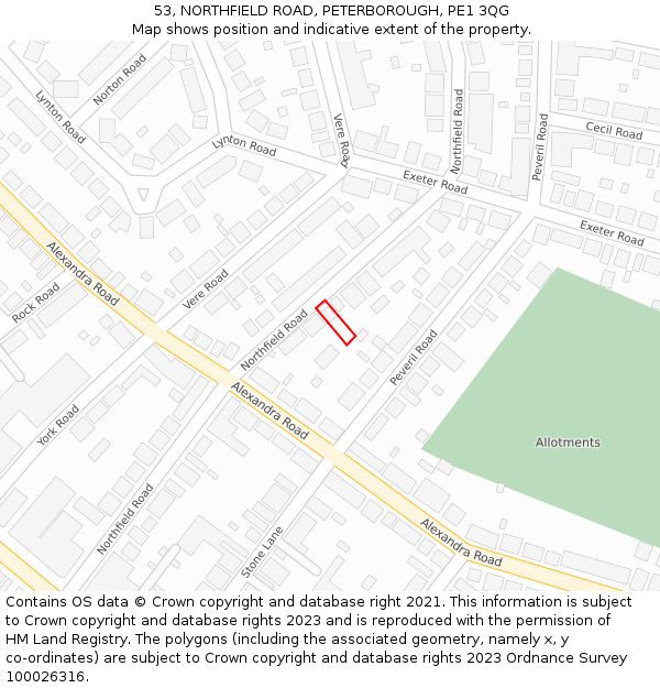 53, NORTHFIELD ROAD, PETERBOROUGH, PE1 3QG: Location map and indicative extent of plot