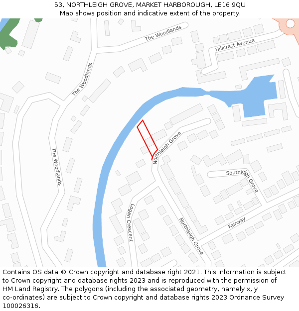 53, NORTHLEIGH GROVE, MARKET HARBOROUGH, LE16 9QU: Location map and indicative extent of plot