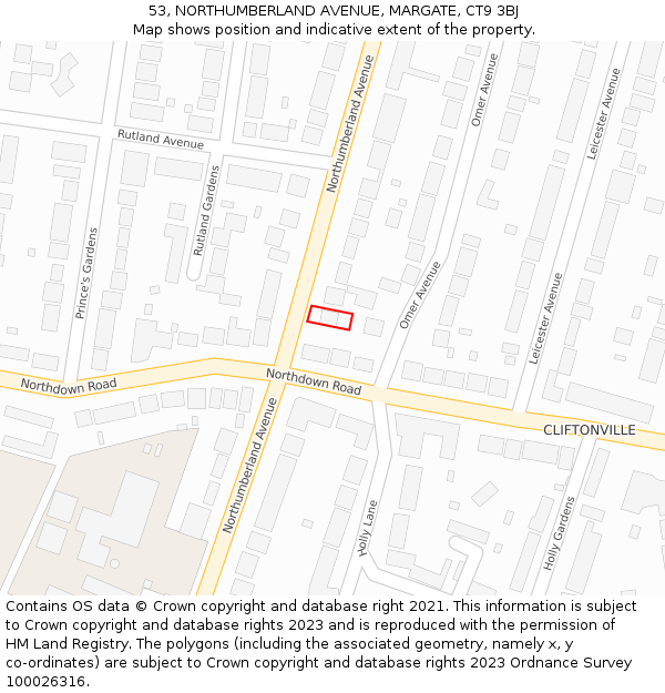 53, NORTHUMBERLAND AVENUE, MARGATE, CT9 3BJ: Location map and indicative extent of plot