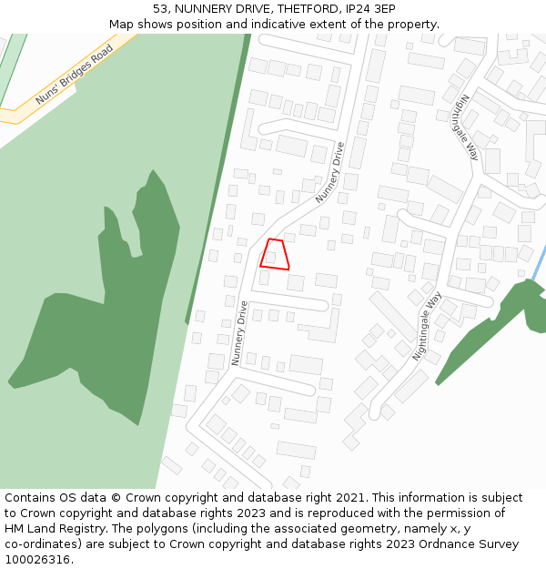 53, NUNNERY DRIVE, THETFORD, IP24 3EP: Location map and indicative extent of plot