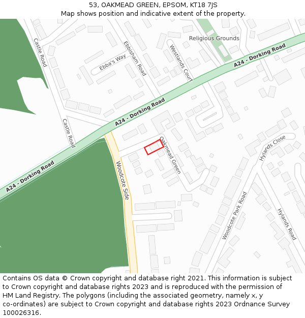 53, OAKMEAD GREEN, EPSOM, KT18 7JS: Location map and indicative extent of plot