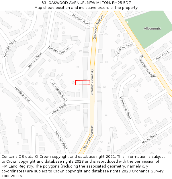 53, OAKWOOD AVENUE, NEW MILTON, BH25 5DZ: Location map and indicative extent of plot