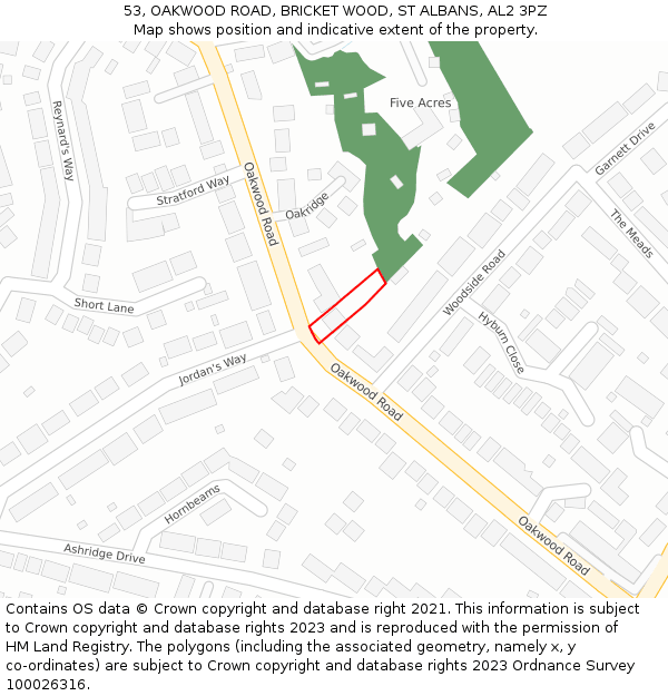 53, OAKWOOD ROAD, BRICKET WOOD, ST ALBANS, AL2 3PZ: Location map and indicative extent of plot