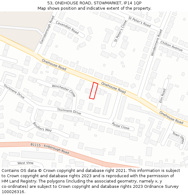 53, ONEHOUSE ROAD, STOWMARKET, IP14 1QP: Location map and indicative extent of plot