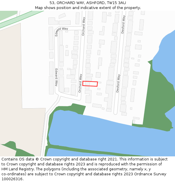 53, ORCHARD WAY, ASHFORD, TW15 3AU: Location map and indicative extent of plot