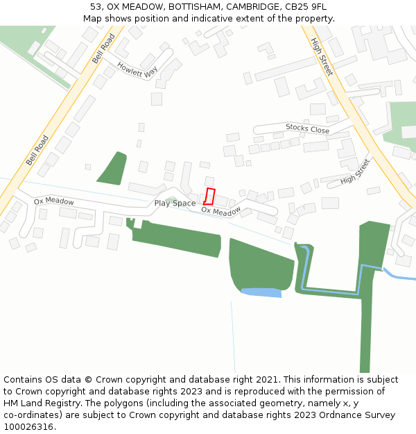 53, OX MEADOW, BOTTISHAM, CAMBRIDGE, CB25 9FL: Location map and indicative extent of plot