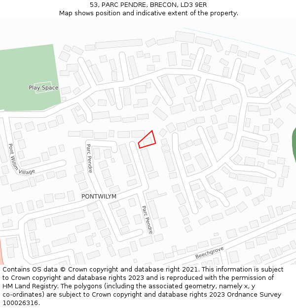 53, PARC PENDRE, BRECON, LD3 9ER: Location map and indicative extent of plot