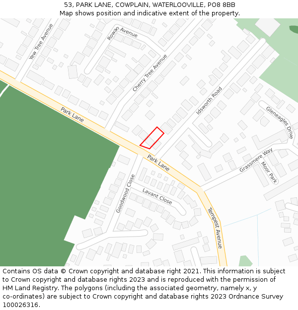 53, PARK LANE, COWPLAIN, WATERLOOVILLE, PO8 8BB: Location map and indicative extent of plot