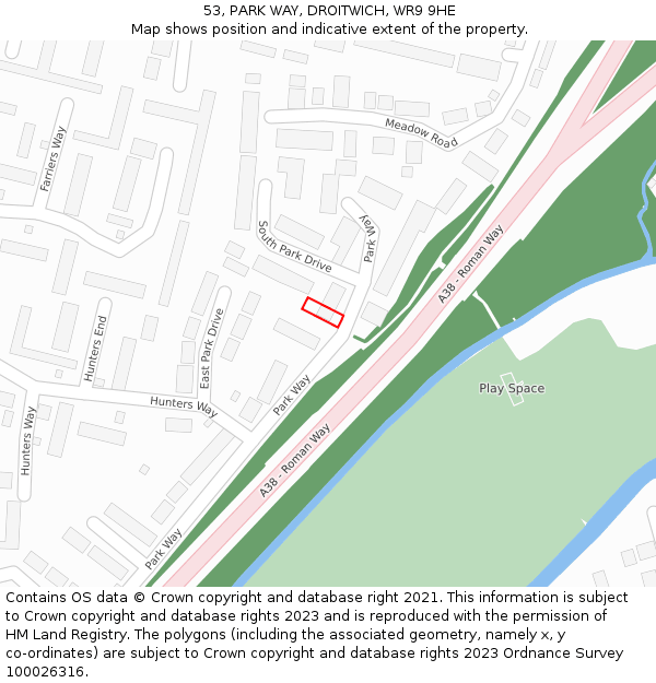 53, PARK WAY, DROITWICH, WR9 9HE: Location map and indicative extent of plot