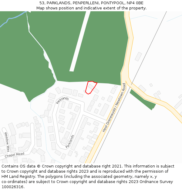 53, PARKLANDS, PENPERLLENI, PONTYPOOL, NP4 0BE: Location map and indicative extent of plot