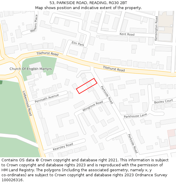 53, PARKSIDE ROAD, READING, RG30 2BT: Location map and indicative extent of plot