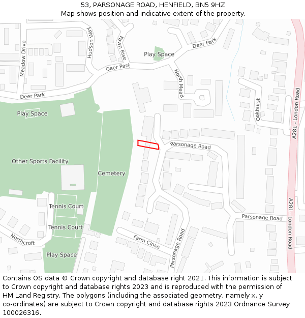 53, PARSONAGE ROAD, HENFIELD, BN5 9HZ: Location map and indicative extent of plot