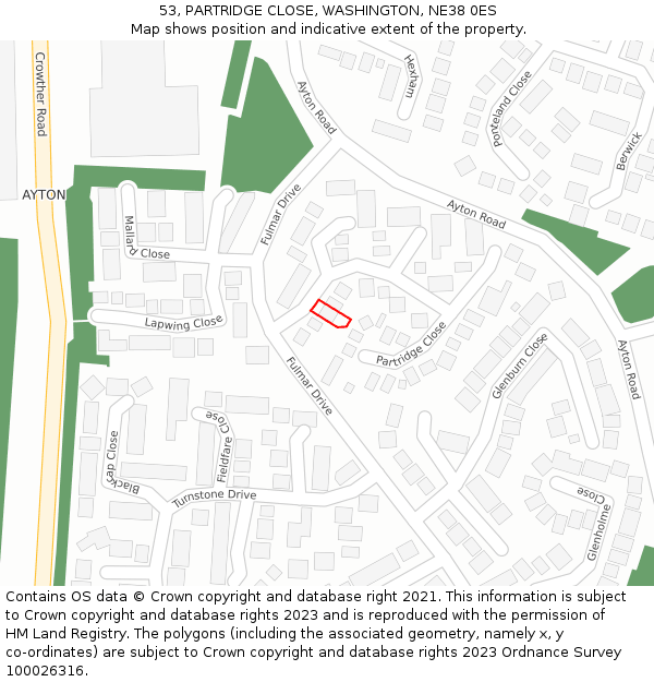 53, PARTRIDGE CLOSE, WASHINGTON, NE38 0ES: Location map and indicative extent of plot