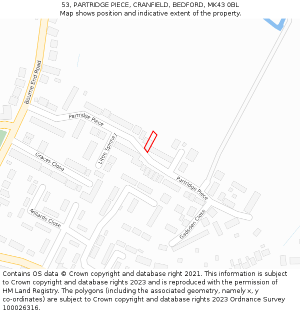 53, PARTRIDGE PIECE, CRANFIELD, BEDFORD, MK43 0BL: Location map and indicative extent of plot