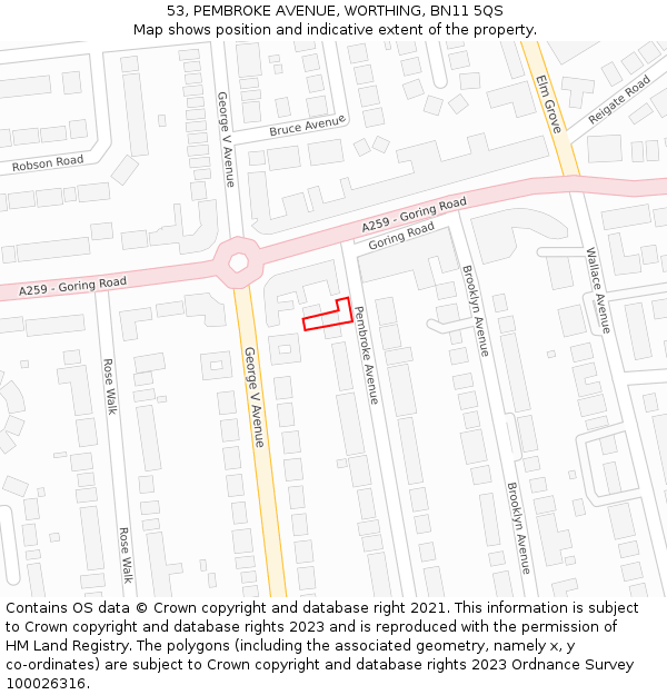 53, PEMBROKE AVENUE, WORTHING, BN11 5QS: Location map and indicative extent of plot