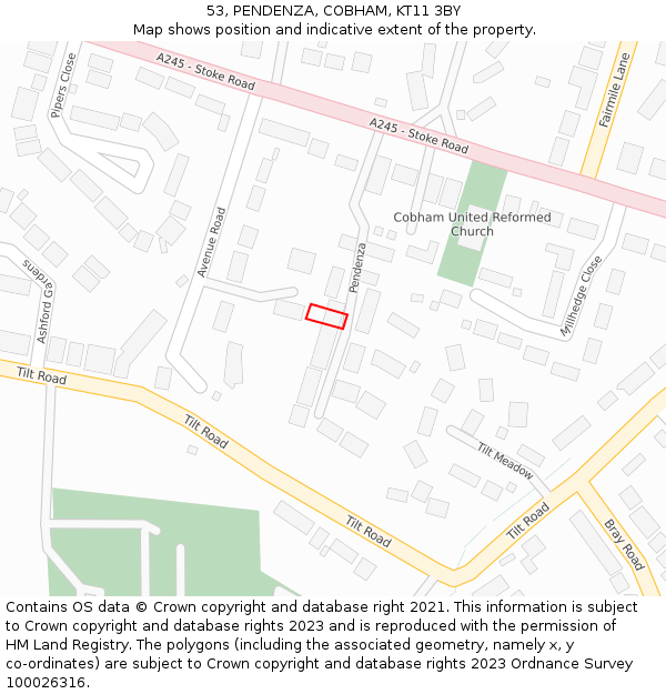 53, PENDENZA, COBHAM, KT11 3BY: Location map and indicative extent of plot