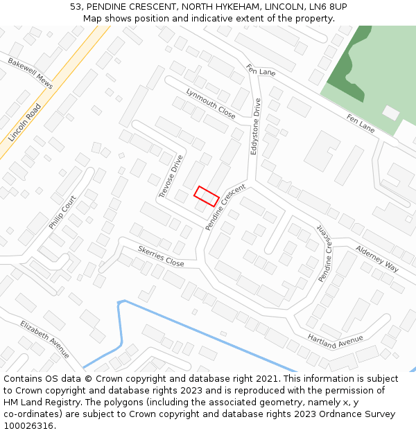 53, PENDINE CRESCENT, NORTH HYKEHAM, LINCOLN, LN6 8UP: Location map and indicative extent of plot