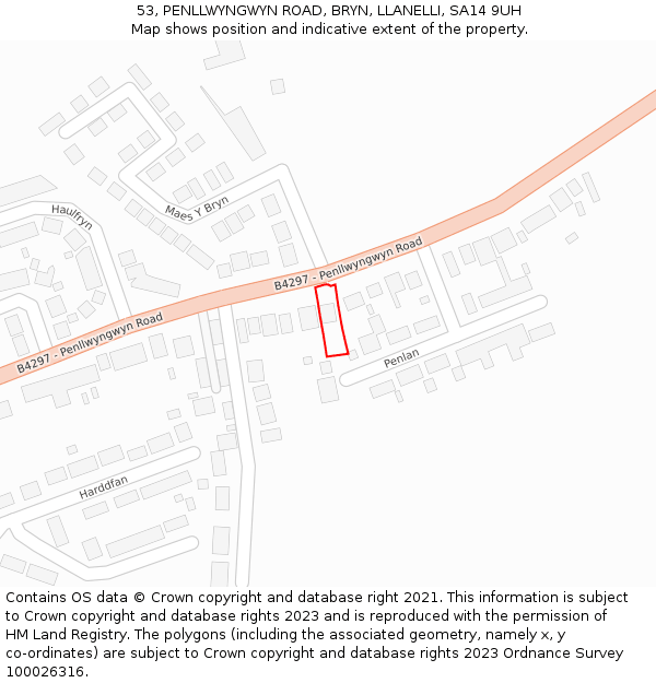 53, PENLLWYNGWYN ROAD, BRYN, LLANELLI, SA14 9UH: Location map and indicative extent of plot