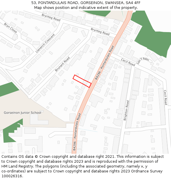 53, PONTARDULAIS ROAD, GORSEINON, SWANSEA, SA4 4FF: Location map and indicative extent of plot