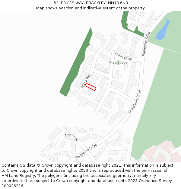 53, PRICES WAY, BRACKLEY, NN13 6NR: Location map and indicative extent of plot