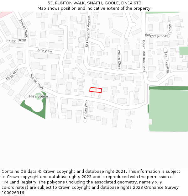 53, PUNTON WALK, SNAITH, GOOLE, DN14 9TB: Location map and indicative extent of plot