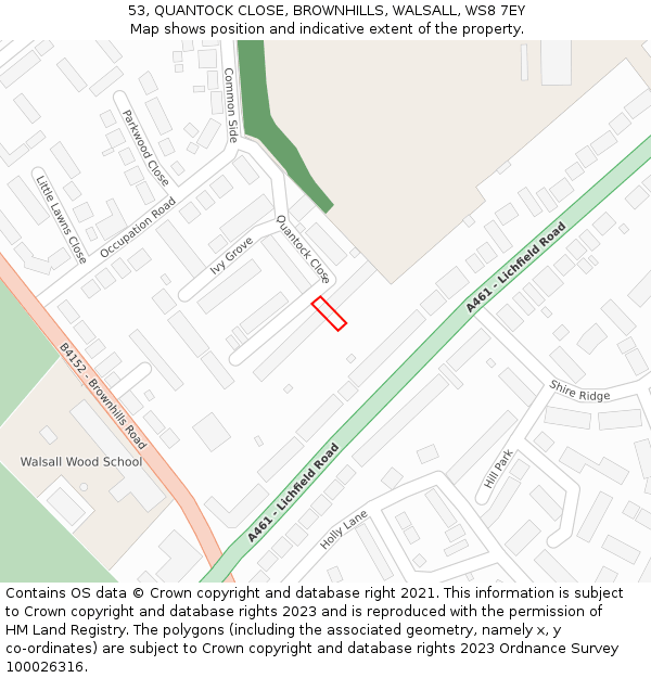 53, QUANTOCK CLOSE, BROWNHILLS, WALSALL, WS8 7EY: Location map and indicative extent of plot