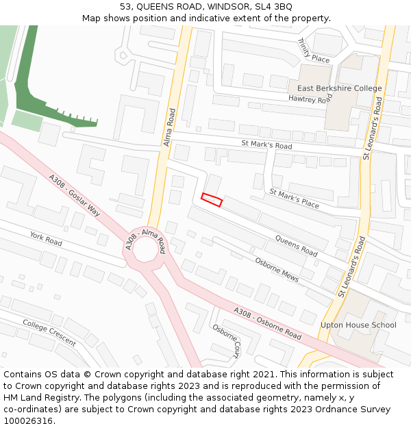 53, QUEENS ROAD, WINDSOR, SL4 3BQ: Location map and indicative extent of plot