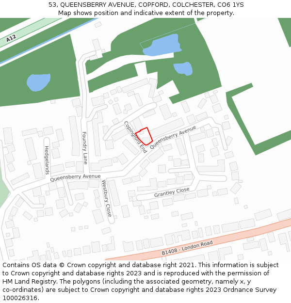 53, QUEENSBERRY AVENUE, COPFORD, COLCHESTER, CO6 1YS: Location map and indicative extent of plot