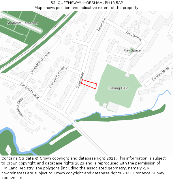 53, QUEENSWAY, HORSHAM, RH13 5AP: Location map and indicative extent of plot