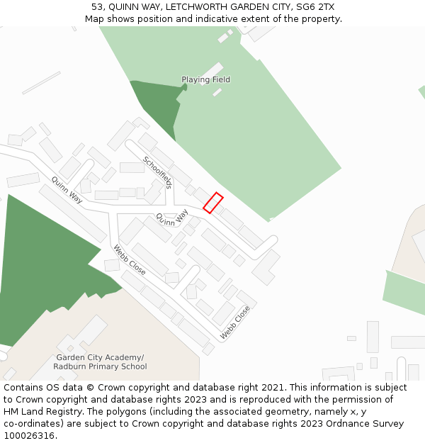 53, QUINN WAY, LETCHWORTH GARDEN CITY, SG6 2TX: Location map and indicative extent of plot