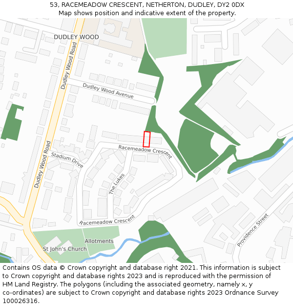 53, RACEMEADOW CRESCENT, NETHERTON, DUDLEY, DY2 0DX: Location map and indicative extent of plot