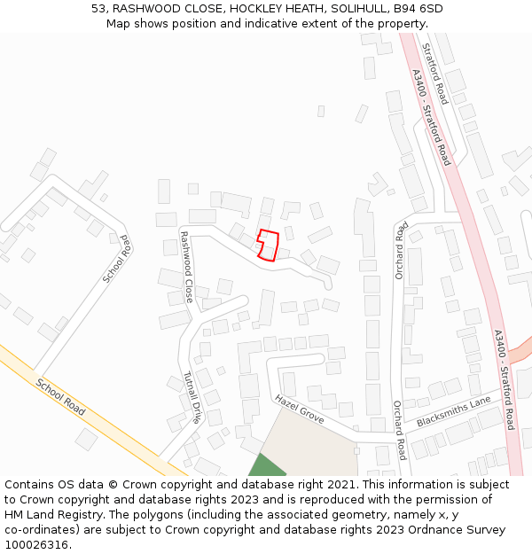 53, RASHWOOD CLOSE, HOCKLEY HEATH, SOLIHULL, B94 6SD: Location map and indicative extent of plot