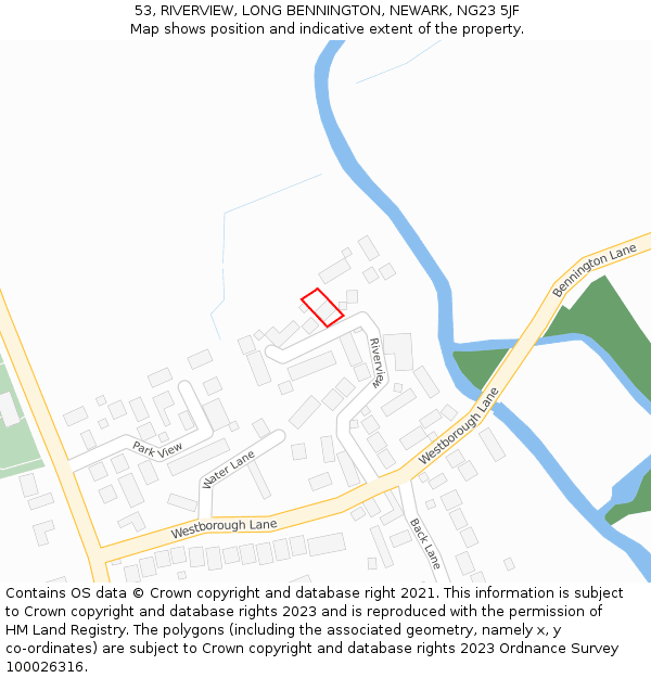 53, RIVERVIEW, LONG BENNINGTON, NEWARK, NG23 5JF: Location map and indicative extent of plot