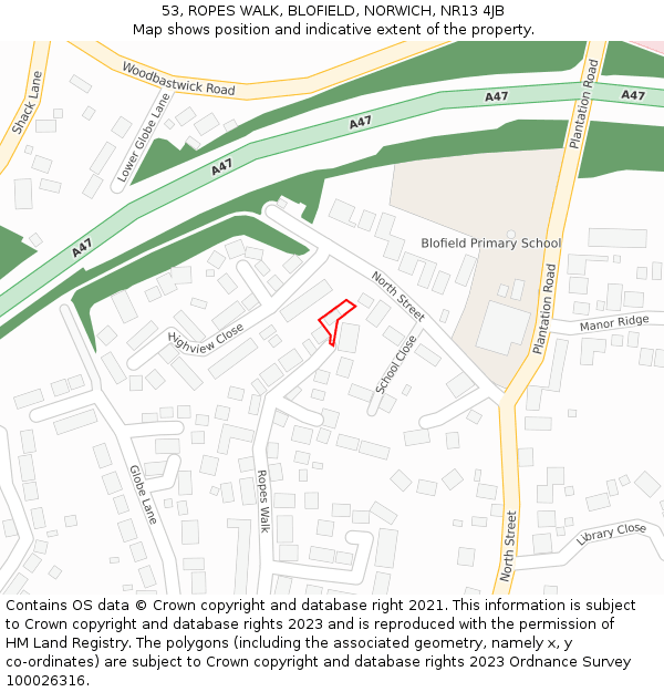 53, ROPES WALK, BLOFIELD, NORWICH, NR13 4JB: Location map and indicative extent of plot